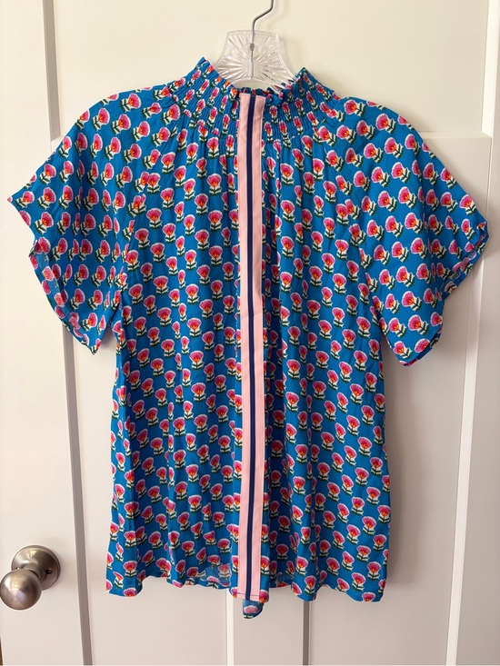 THML Tops - THML Top S Blue Pink Floral Block Print Smocked Neck Boho Tunic Blouse